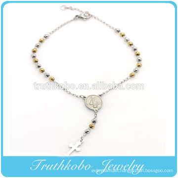 TKB-B0085 Customer Design Stainless Steel Silver Yellow Gold Two-Tone Beads Religious Cross Rosary Virgin Mary Charm Bracelet